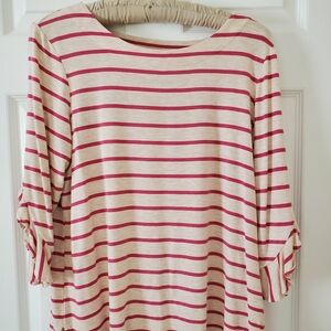 Chico's cream and pink striped ruffle sleeve knit top